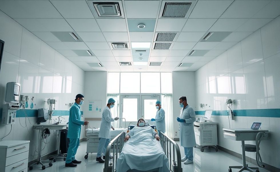 Imagem de um hospital moderno na Bahia, com fachada imponente e profissionais de saúde atendendo pacientes em um ambiente iluminado por luz natural.