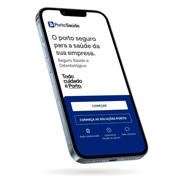 Aplicativo Porto Saúde exibido em smartphone, com acesso digital aos serviços do plano Porto Seguro Saúde PME para colaboradores